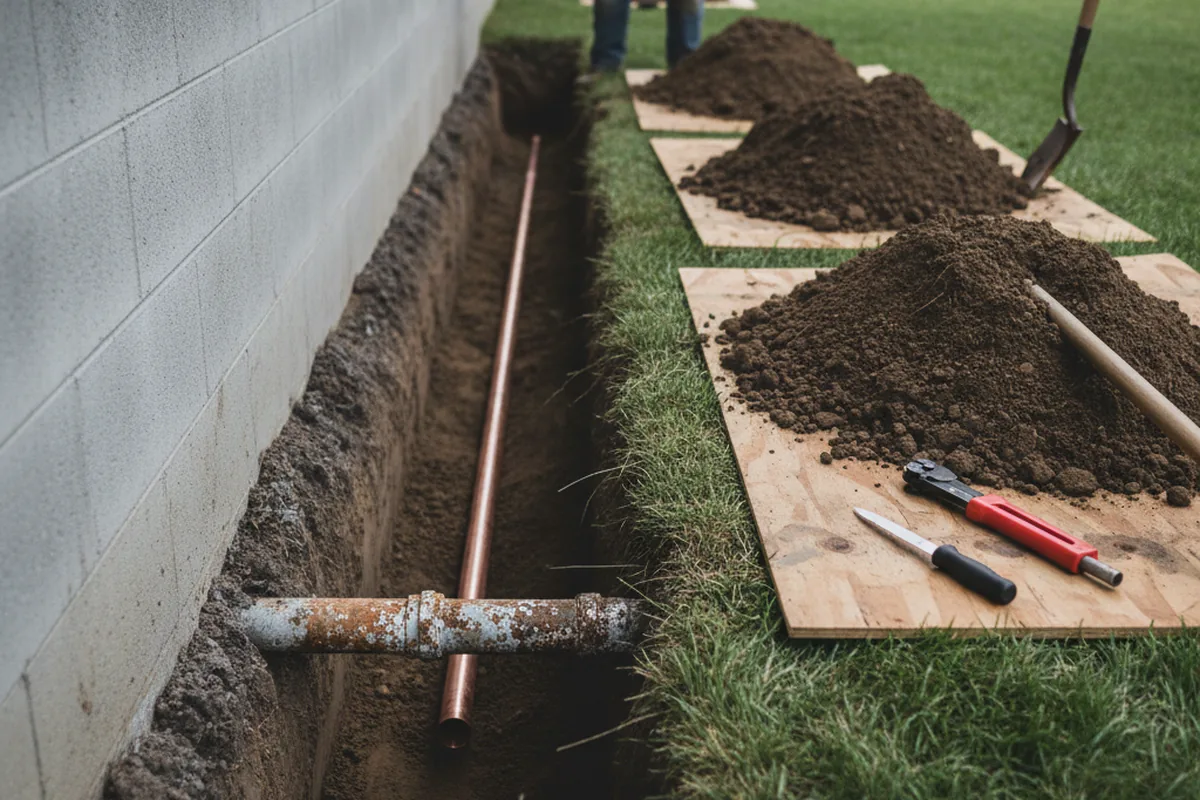 Excavated water line trench during Water Softener Installation in Totz